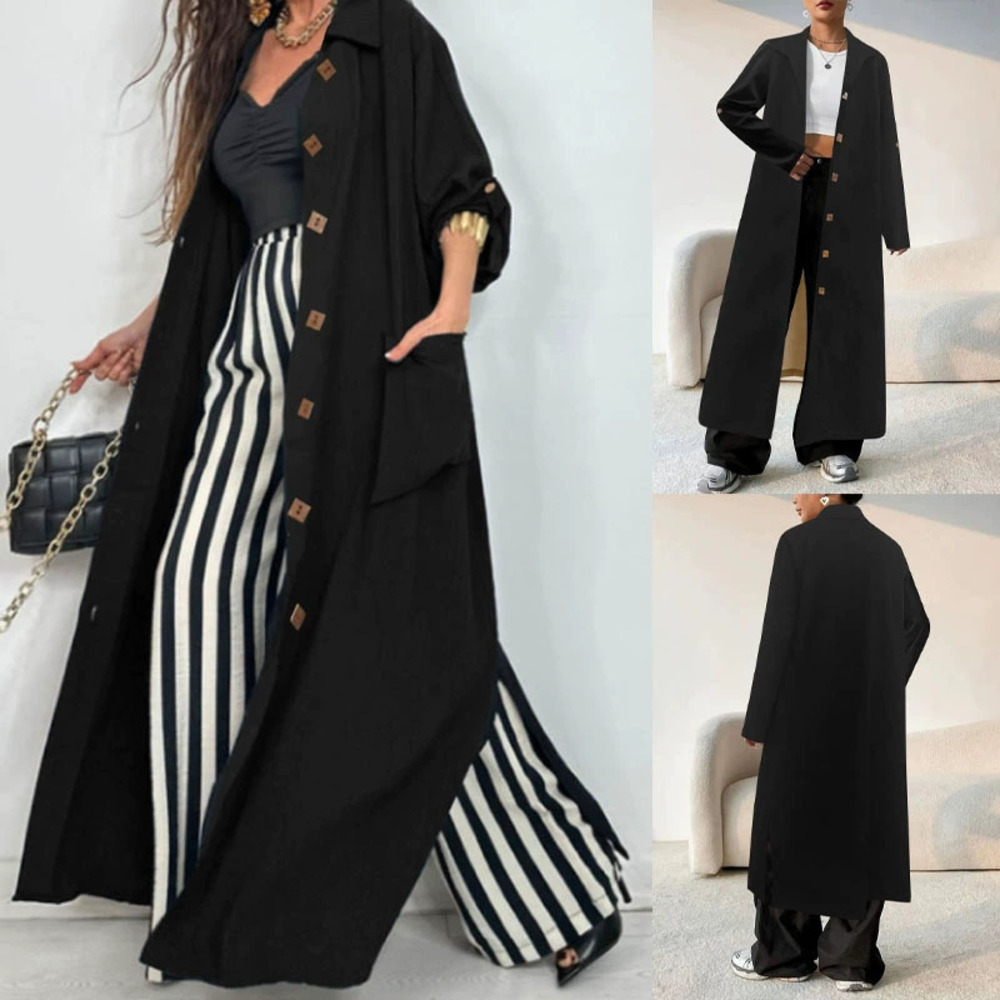 Forever 21 Trendy Korean Winter Solid Notch Lapel Long Over Knee Trench Coat